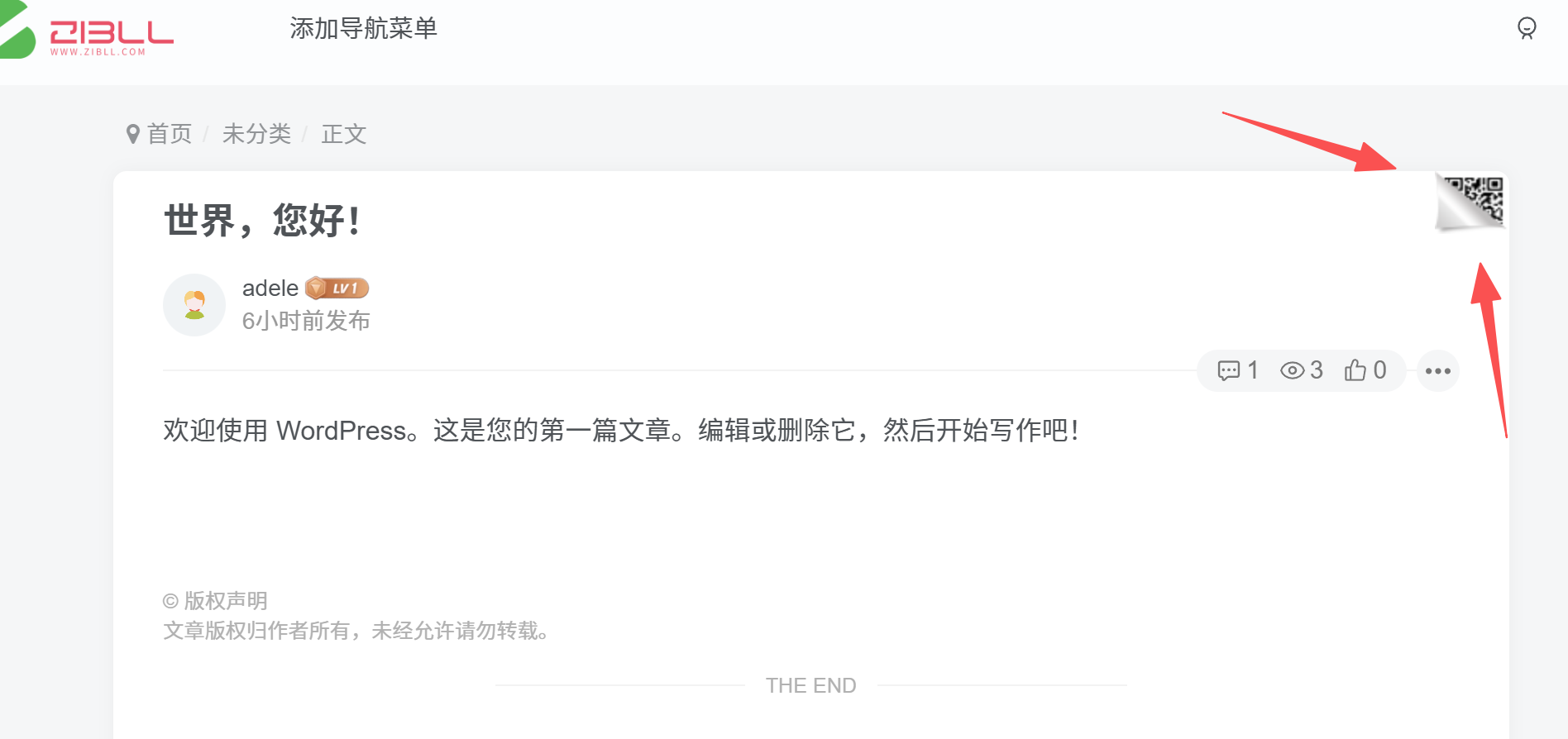 子比主题 – 文章页面右上角hover显示二维码美化代码-阿呆日记