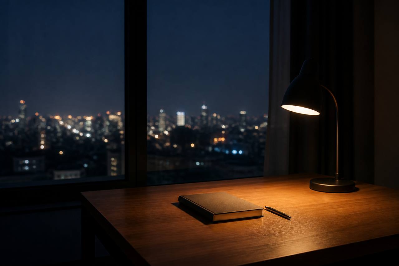 夜间书桌上的一束灯光