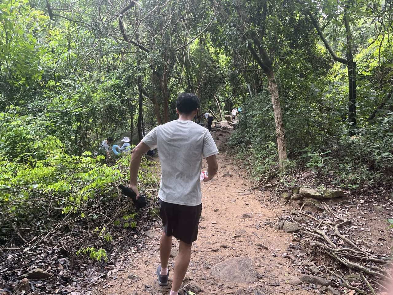 数名徒步者沿马峦山林间的土石小道缓步上行