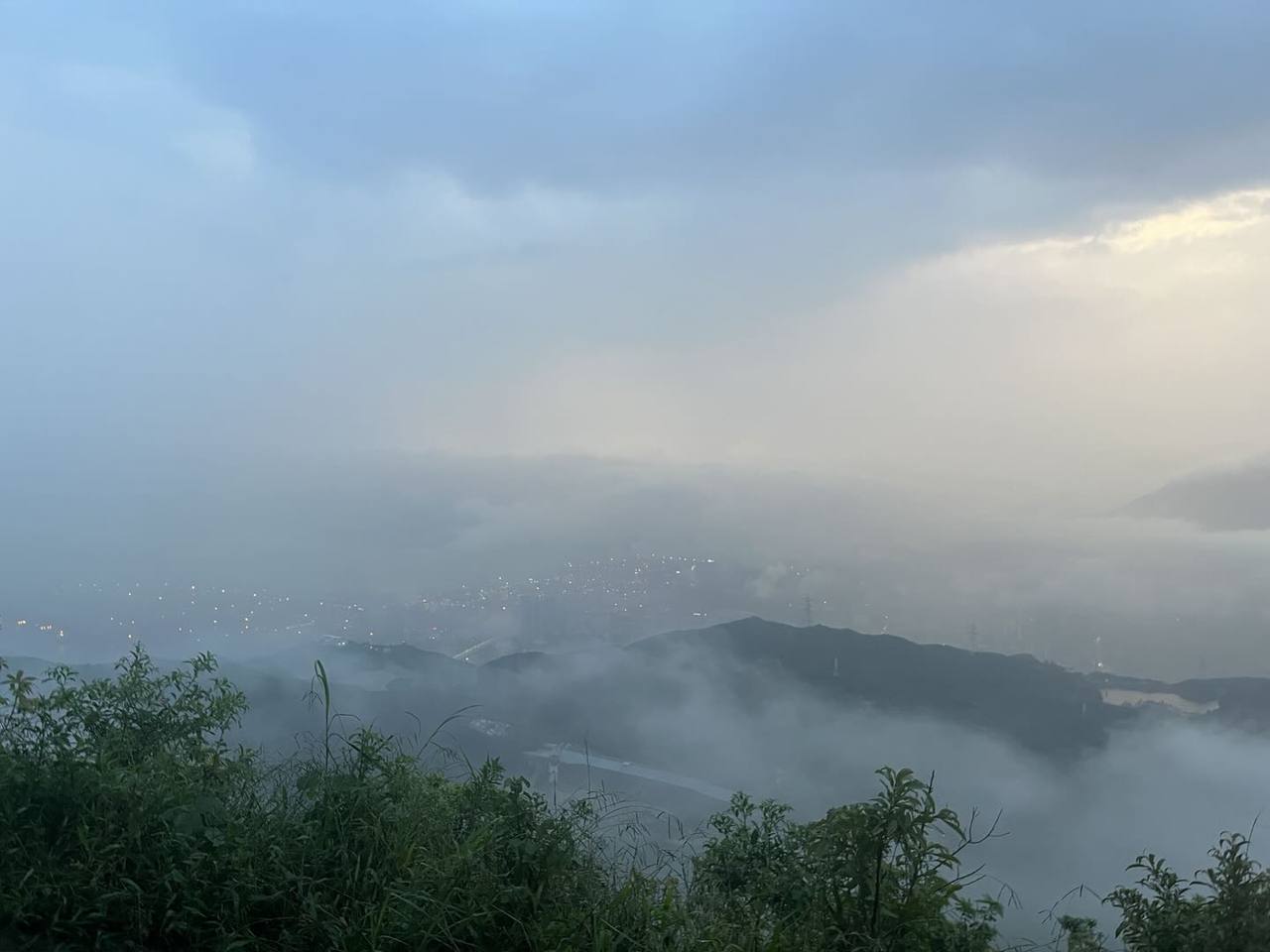 雨后低云雾笼罩山谷,云层缝隙透出一抹晚霞,前景是湿润草木