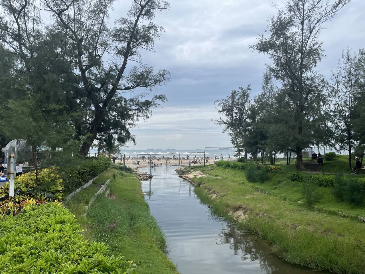 通向沙滩与海面的水渠,两侧树木和草地围出安静的视线,远处可见遮阳伞与水边人群