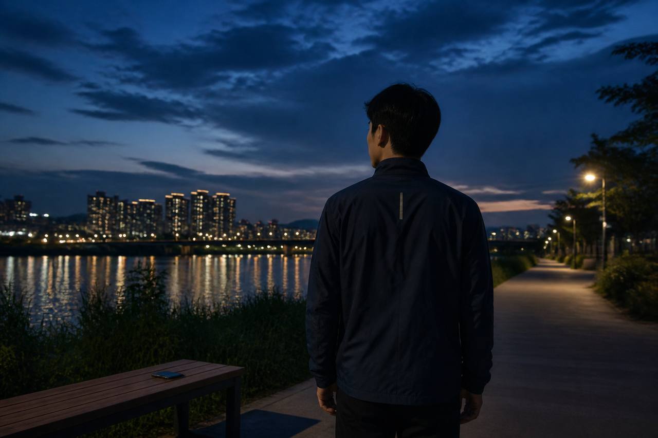 夜色中的山径与远处暖光