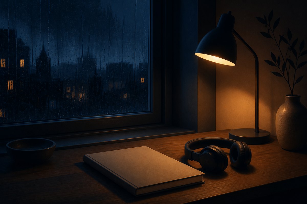 雨夜窗边的木桌上放着笔记本和耳机，暖黄台灯照亮花瓶与室内一角。