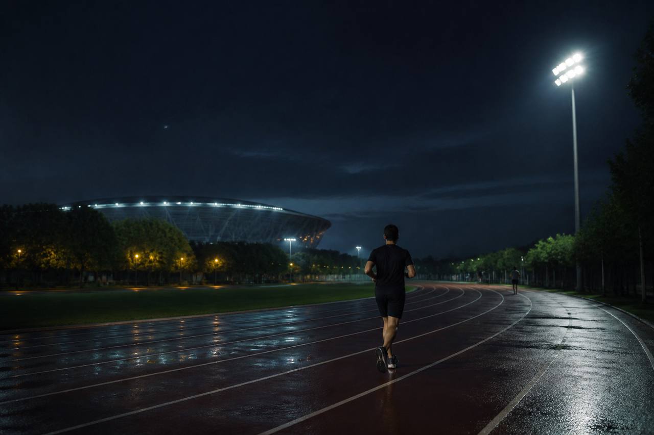 夜晚雨后，一名跑者在灯光照亮的湿润田径跑道上慢跑，远处可见大型体育场。