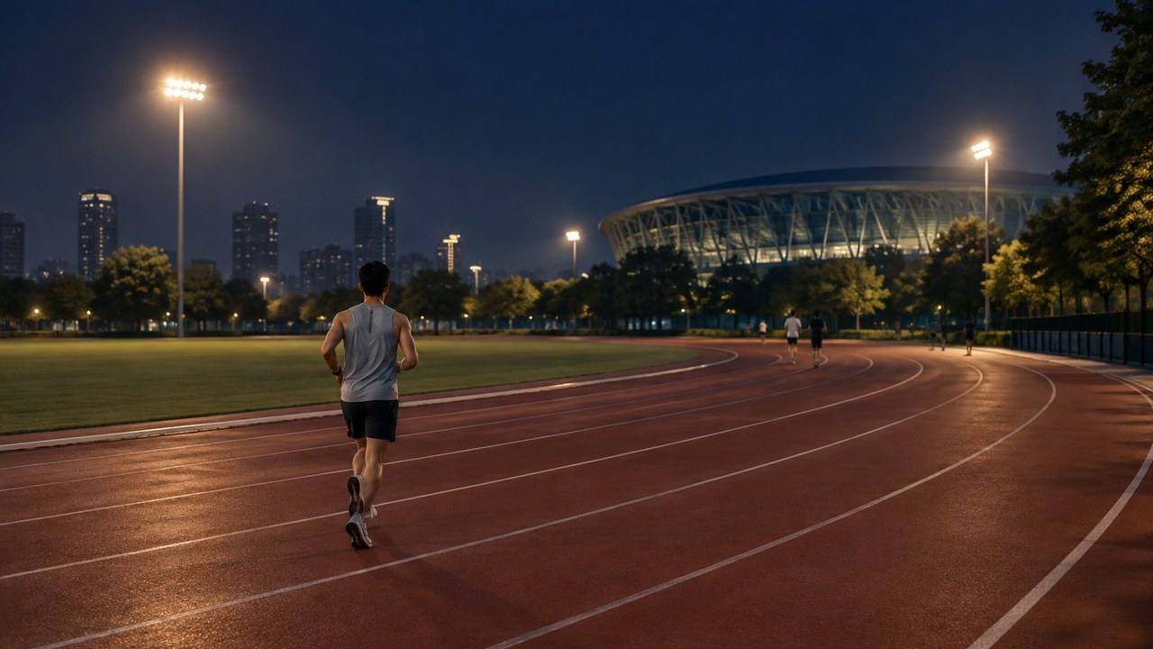 夜晚的奥体跑道上,一名穿浅灰无袖上衣、深色短裤的跑者背对镜头向前慢跑;红褐色塑胶跑道在场灯下弯曲延伸,远处是体育场、树影和零星跑者。