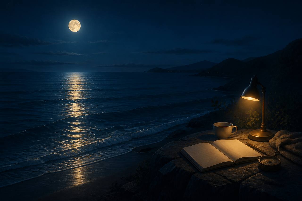 月夜海岸边的一盏台灯、笔记本与罗盘