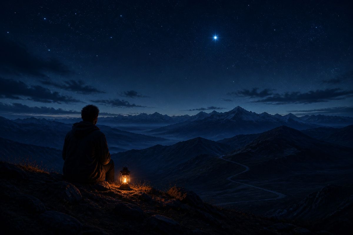 A lone traveler beneath a bright north star over dark blue mountains