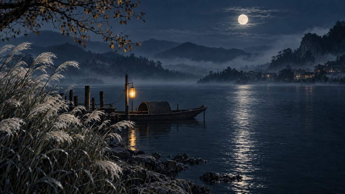 夜色中的芦苇、水边小舟与暖黄灯影，远山隐在薄雾中