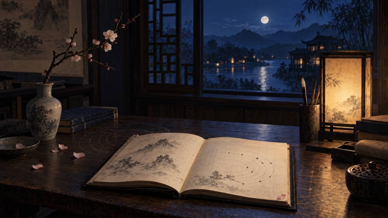 深蓝夜色中的中式书案,梅枝、摊开的书页与暖灯相映,书页上有如轨迹与同心圆的图形