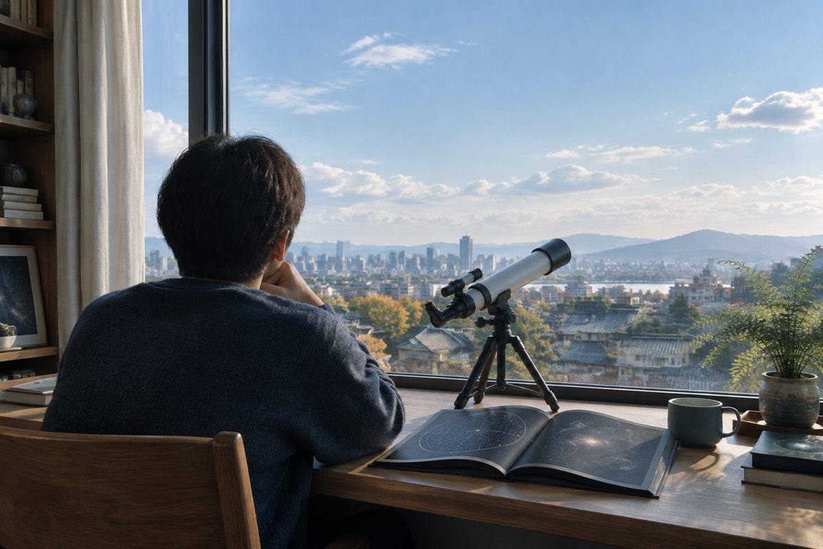 窗前望远镜、星图与远山,象征安静而持续的探索兴趣