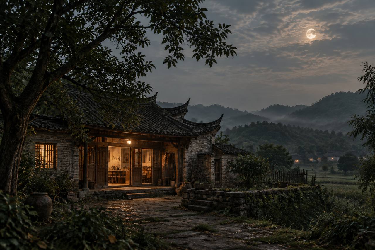 月夜中的外婆家老宅，暖灯透出窗棂，飞檐、树影与远山安静相映
