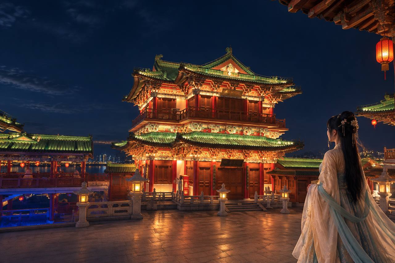 夜间滕王阁前,一位身着淡色汉服的成年女性静望灯火楼阁