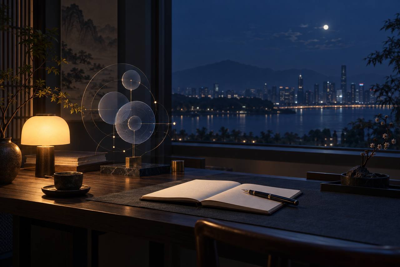 夜间书桌上的抽象轨道装置、笔记本与暖灯，窗外是安静的城市夜景