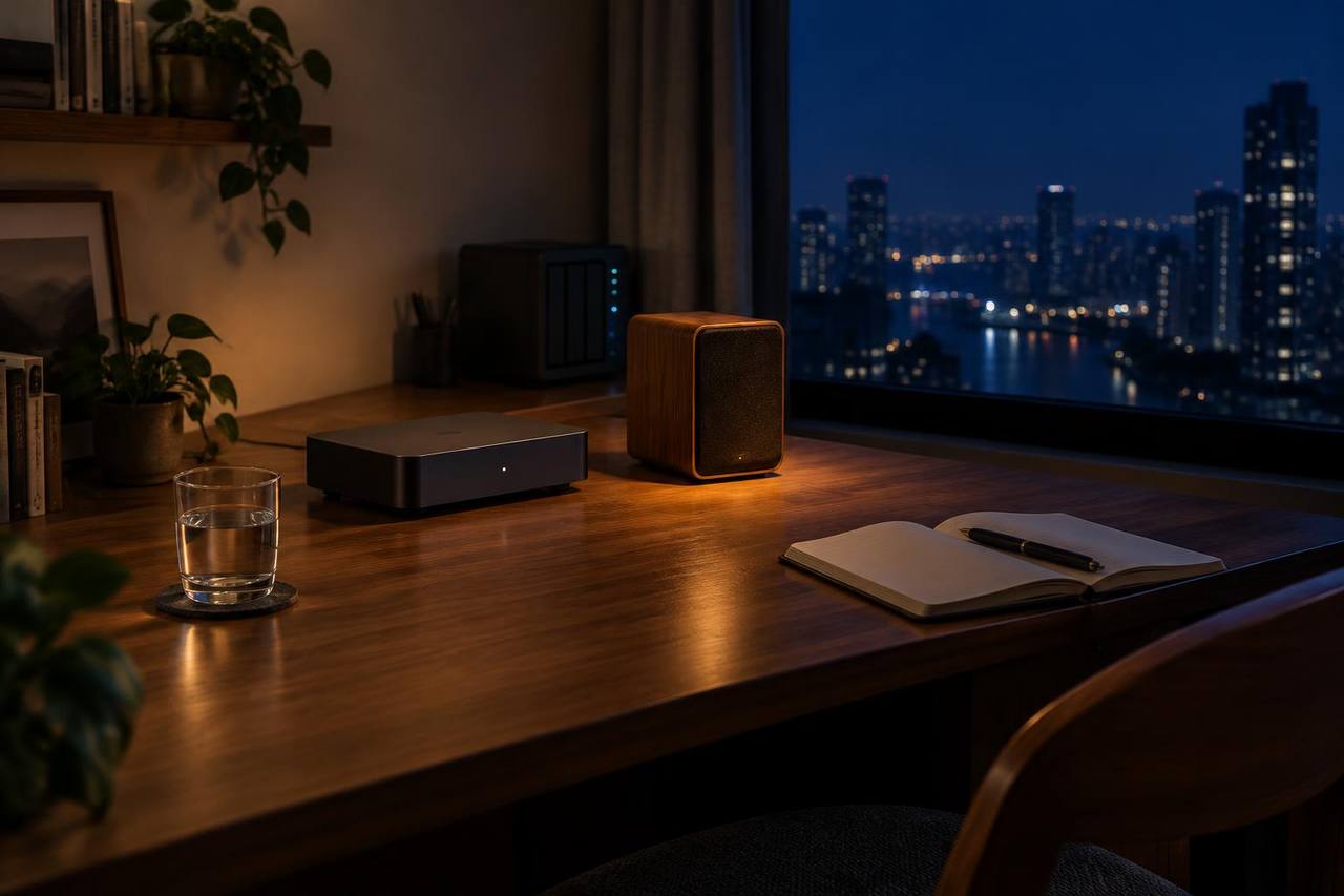 夜晚书桌上的网络播放器、小音箱与 NAS