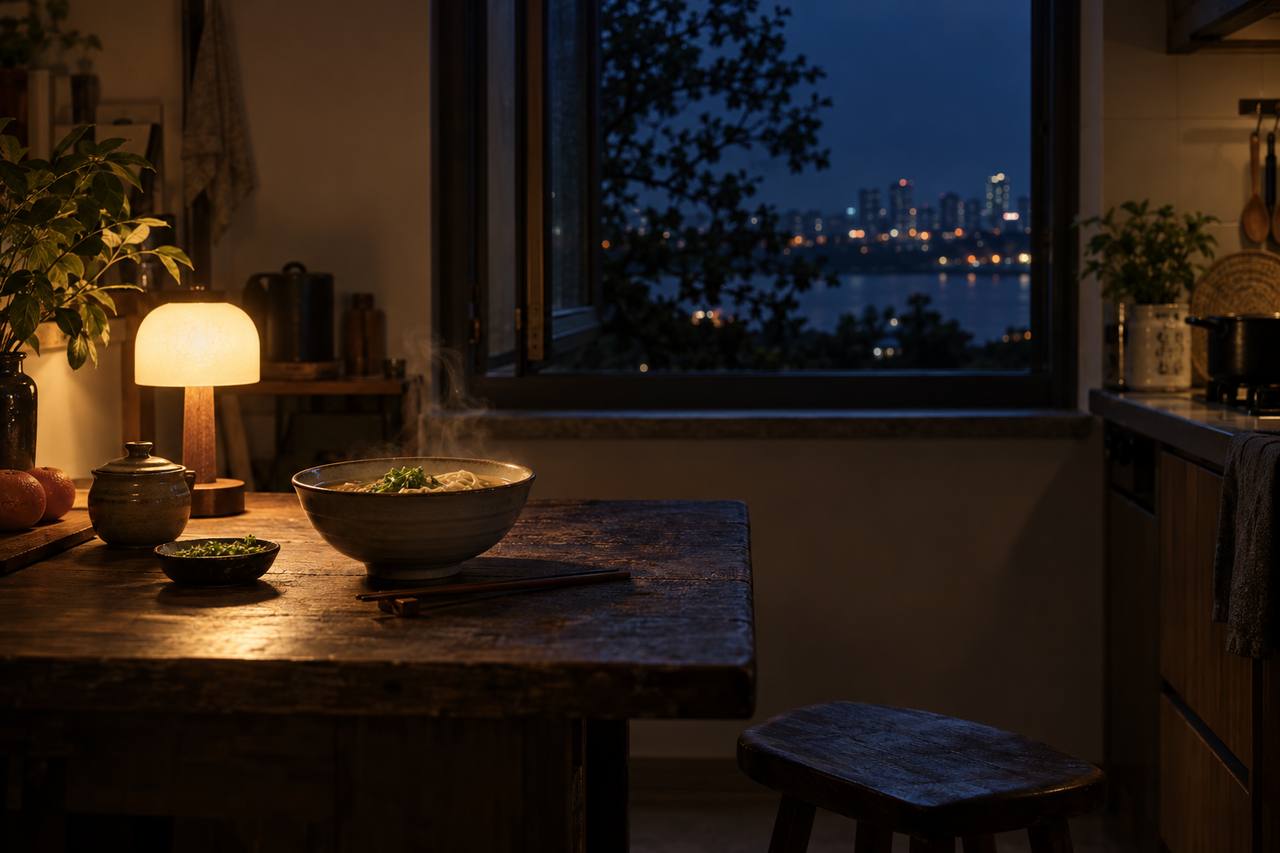 夜晚的温暖厨房内,一碗冒着蒸汽、配有绿叶蔬菜的热食放在木桌上,旁边有暖黄色台灯;窗外可见深蓝夜空与远处城市灯光。