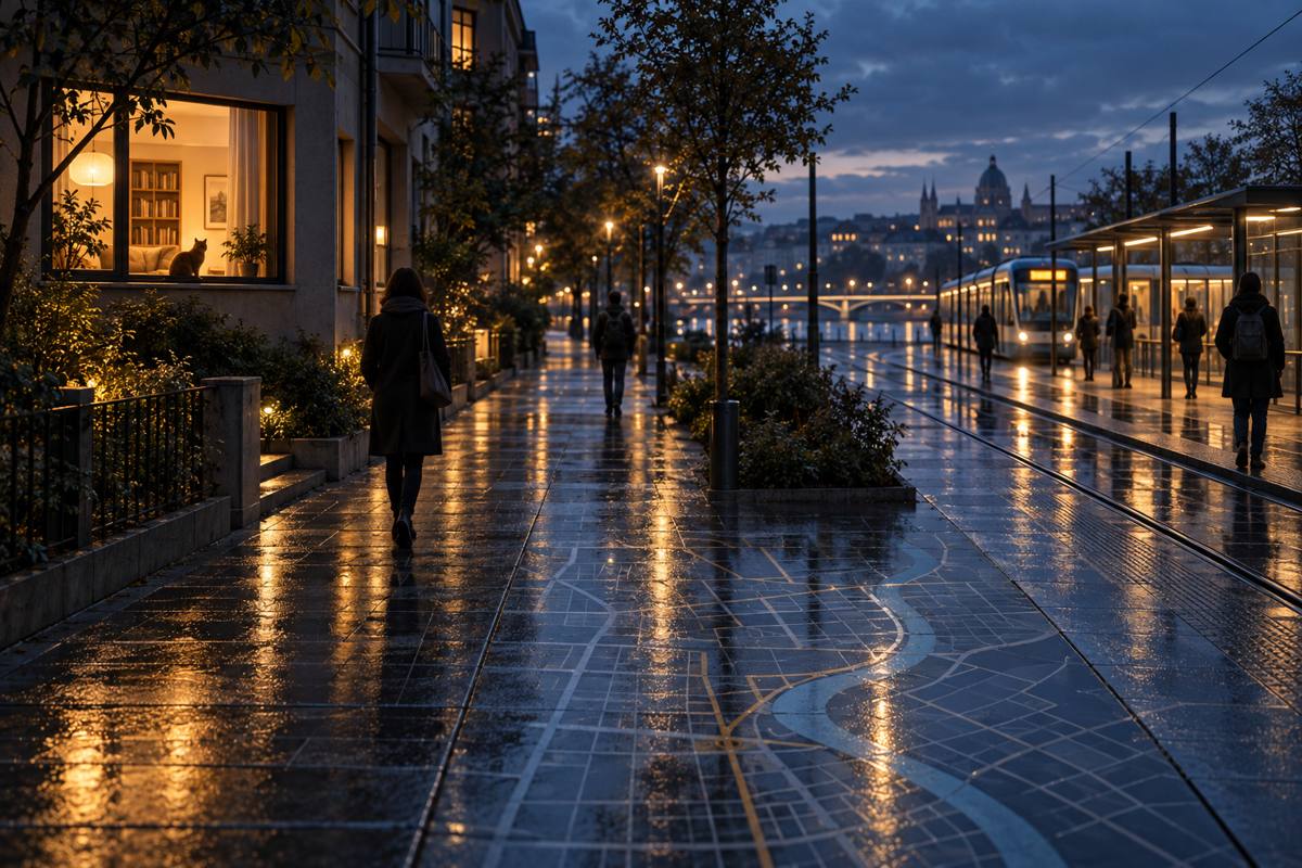 A rain-washed city street at dusk, with a warm apartment window and a quiet tram stop