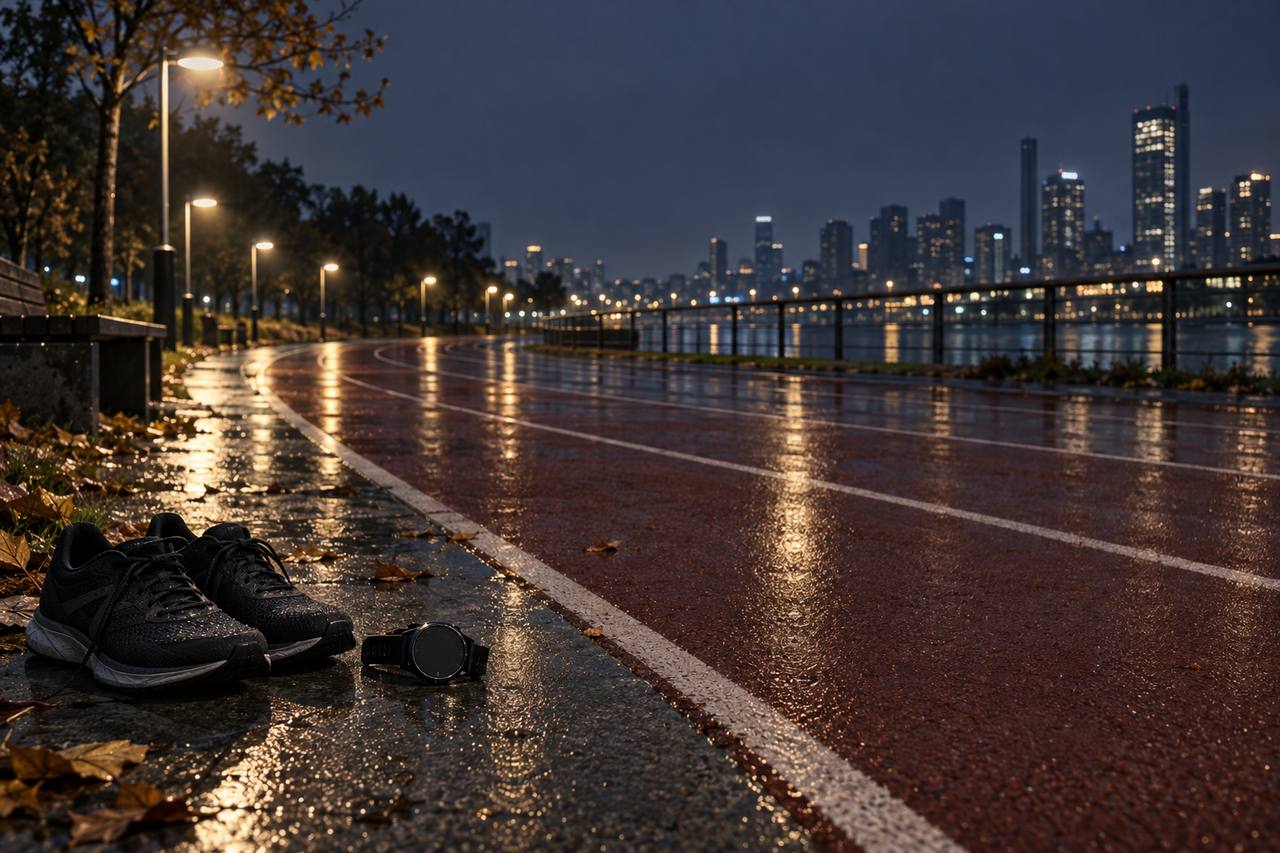 雨后夜晚的城市跑道，跑鞋与运动手表放在湿润地面上，远处有路灯和城市灯火。